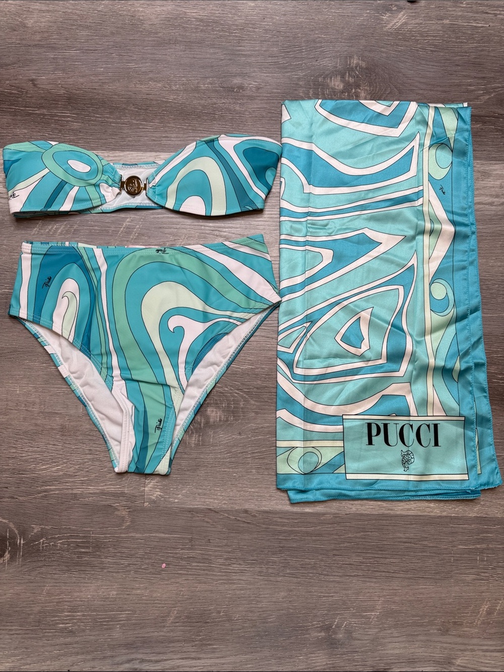 Emilio Pucci Turquoise & Mint Swirl Bikini Set with Scarf